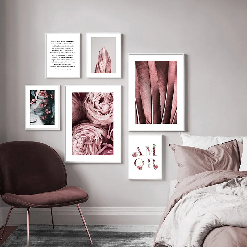 Nordic Style Floral Print Scandinavian Poster Pink Feather Flower Canvas Painting Modern Wall Art Picture Living Room Home Decor