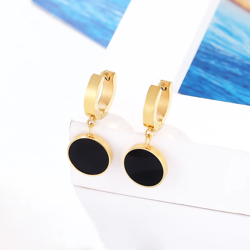 Hot Circle Hanging Black Enamel Circle Hoop Earring For Women Stainless Steel Gold Color Jewelry Party Earrings Wholesale