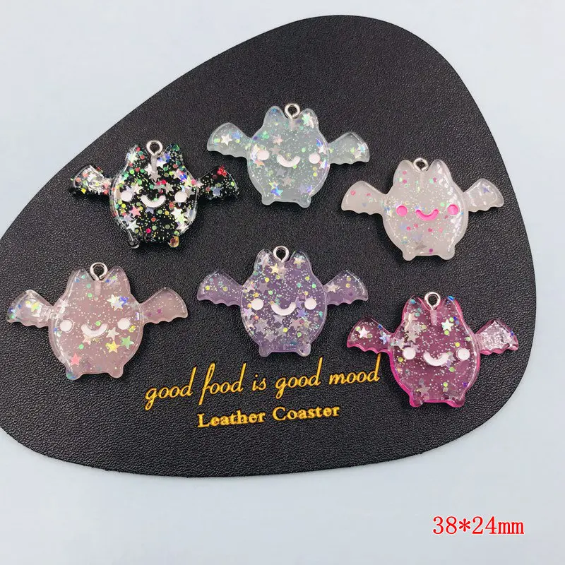 10pcs Resin Flatback Cute Glitter Bat Kawaii Cat Charm Pendant for Keychain, Earring, Scrapbooking, DIY Making, Necklace