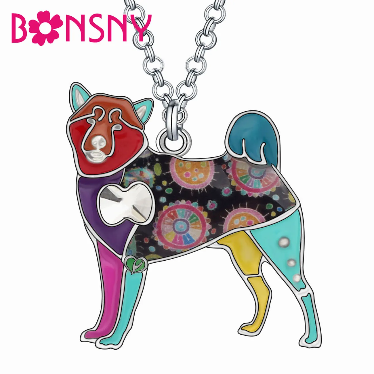 Bonsny Enamel Alloy Lovely Japanese Akita Dog Necklace Pendant Jewelry For Women Girls Kids Pet Lovers Fashion Gifts Accessories