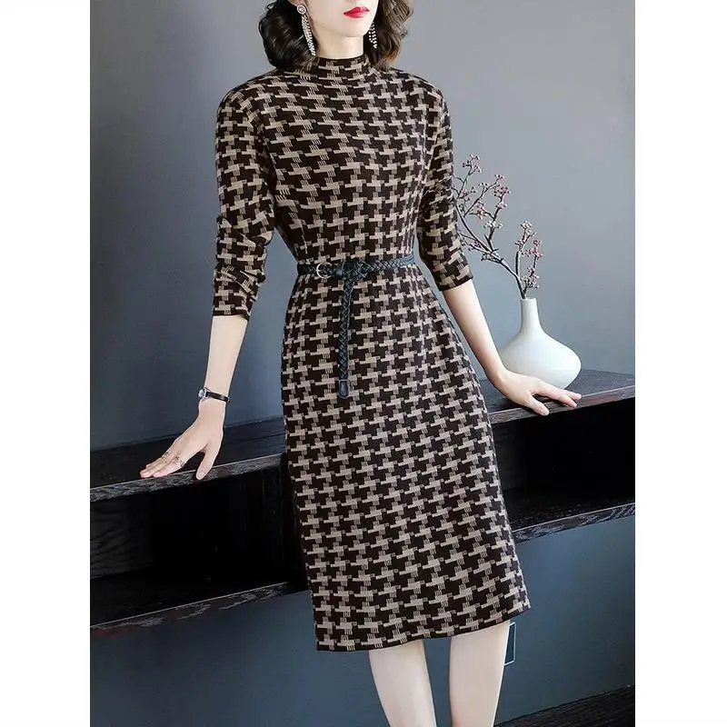 Casual Jurk Voor Vrouwen 2022 Vrouwelijke Breien Kleding Voor Srping Herfst Coltrui Plaid Thicken Slim Knielange Bodem Vestidos