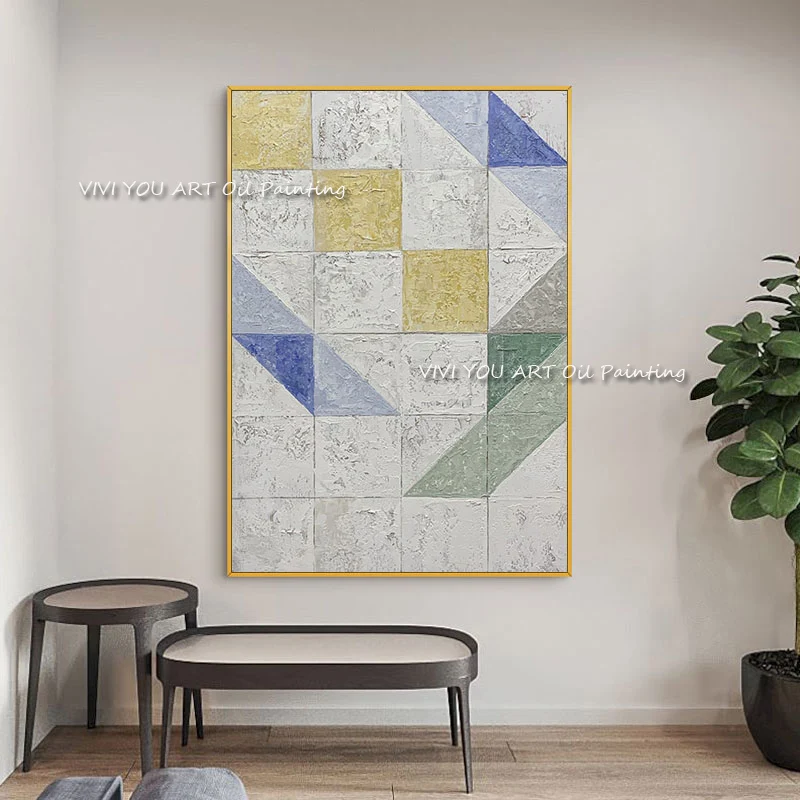 The Top Selling Handmande Yellow Blue Geometry Triangle Square Oil Painting On Canvas Creative Wall Art Picture For Home Decor