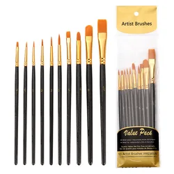 10Pcs Professional Nylon Artist Paint Brush Set Watercolor Acrylic Wooden Handle Painting Brushes Art Supplies Stationery
