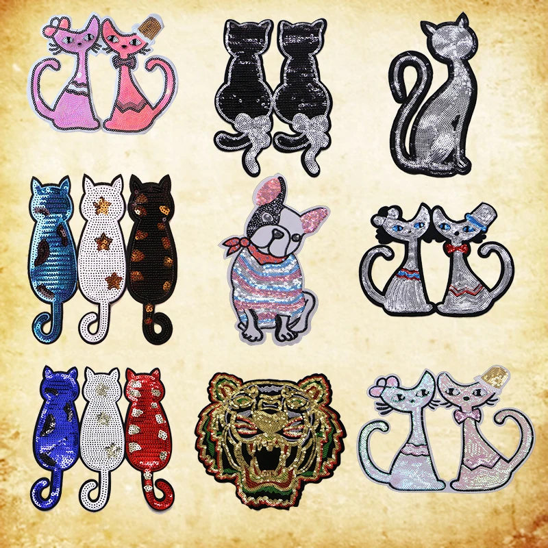 High end colorful sequins cute animal cat and dog pattern embroidery patch DIY animation badge embroidery sewing and embroidery