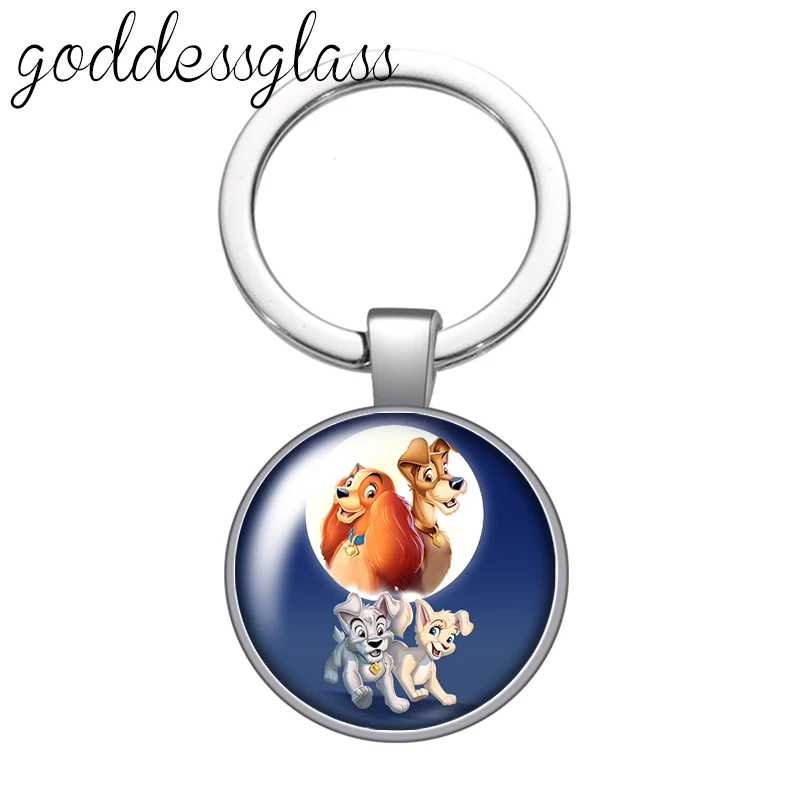 Disney  Lady and the Tramp Dogs glass cabochon keychain Bag Car key chain Ring Holder Charms keychains gift