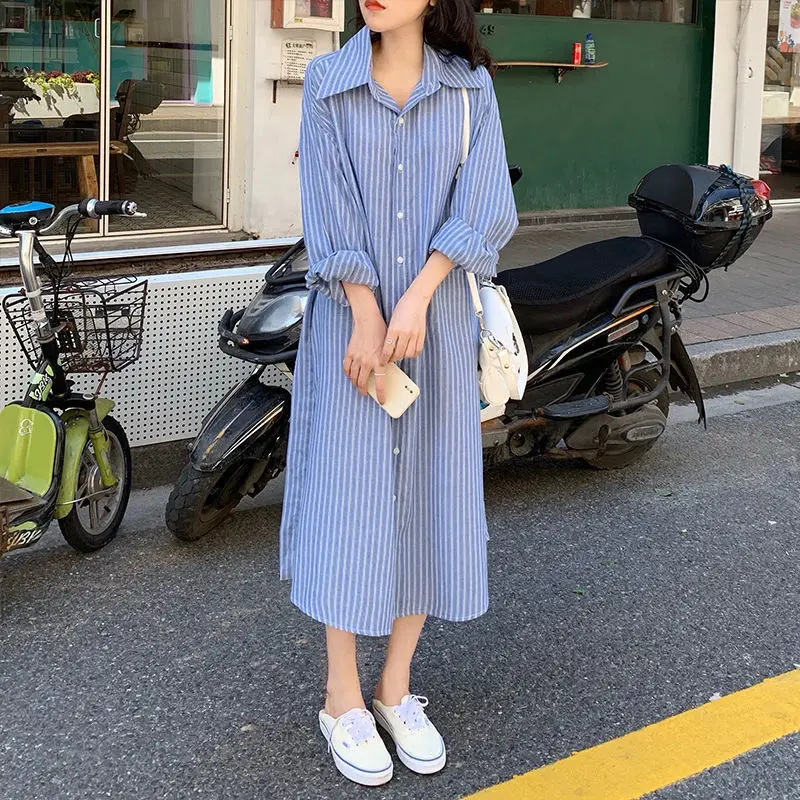 2021 New Long Striped Shirt Dress with Sashes Women Spring Lapel Collar Single Breasted Loose Midi Dresses