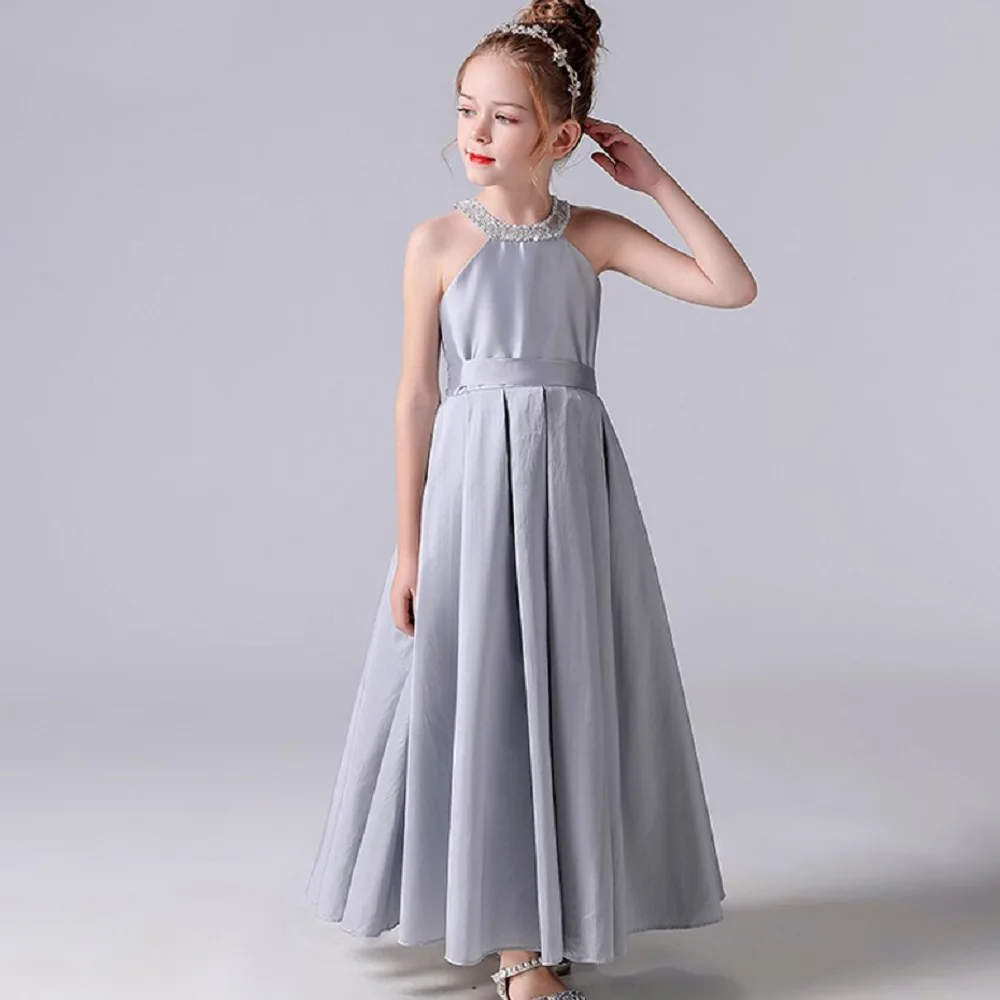 Dideyttawl Sliver Satin Halter Bloem Meisje Jurken Mouwloos Lange Formele Prinses Kids Birthday Party Pageant Jurken 2023