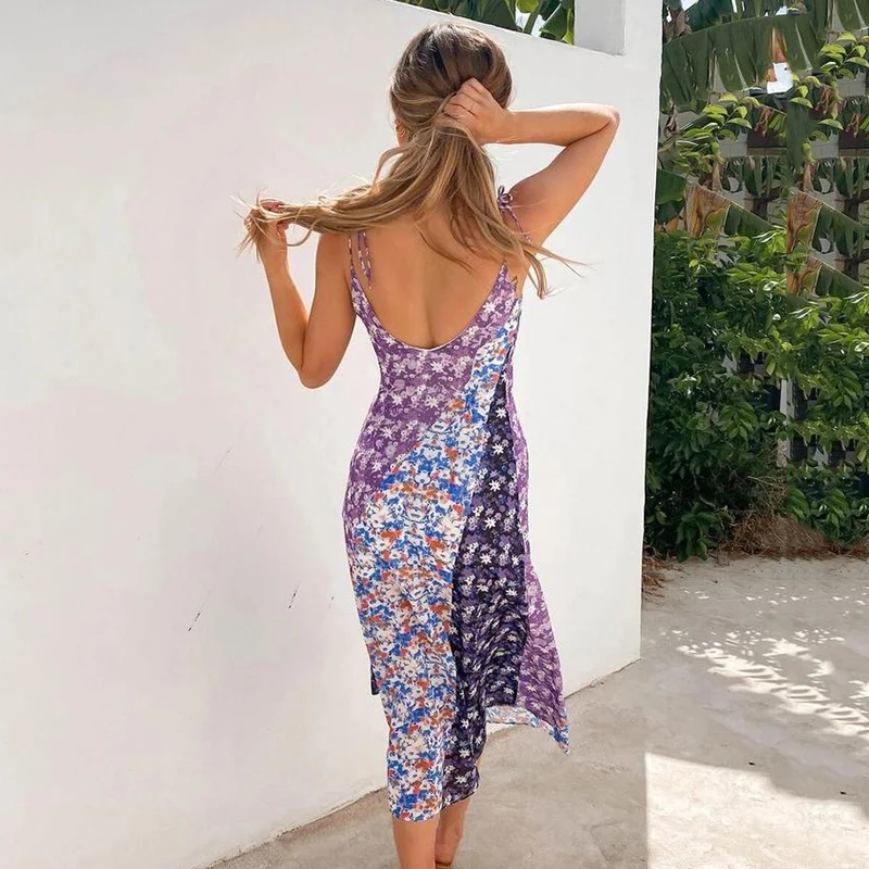 Ardm Sexy V Neck Floral Print Patchwork Spaghetti Dresses Women 2021 Backless Sleveless Boho Summer Beach Maxi Dress Holiday