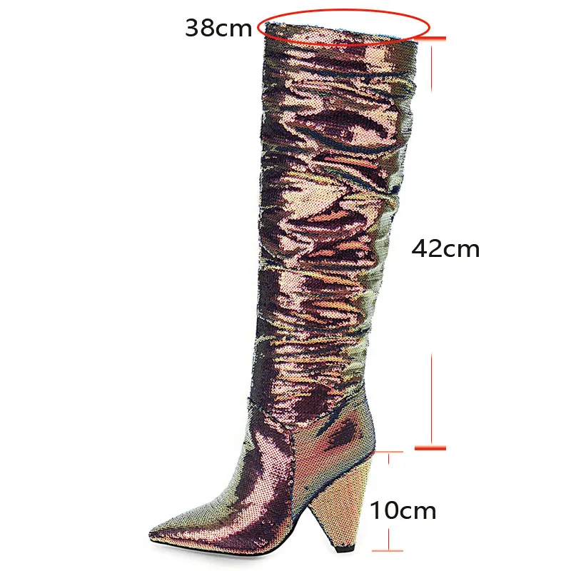 Sgesvier Bling Bling Sequined Knee High Boots Women Spike Heel Party Nightclub Boots Autumn Shoes Gold Silver Large Size 48