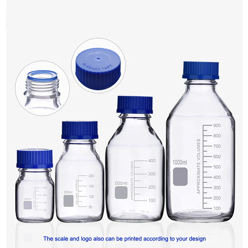 青い蓋付きの透明なホウケイ酸ガラス瓶,実験室用,ネジ付き,100ml,250ml,500ml,1000ml