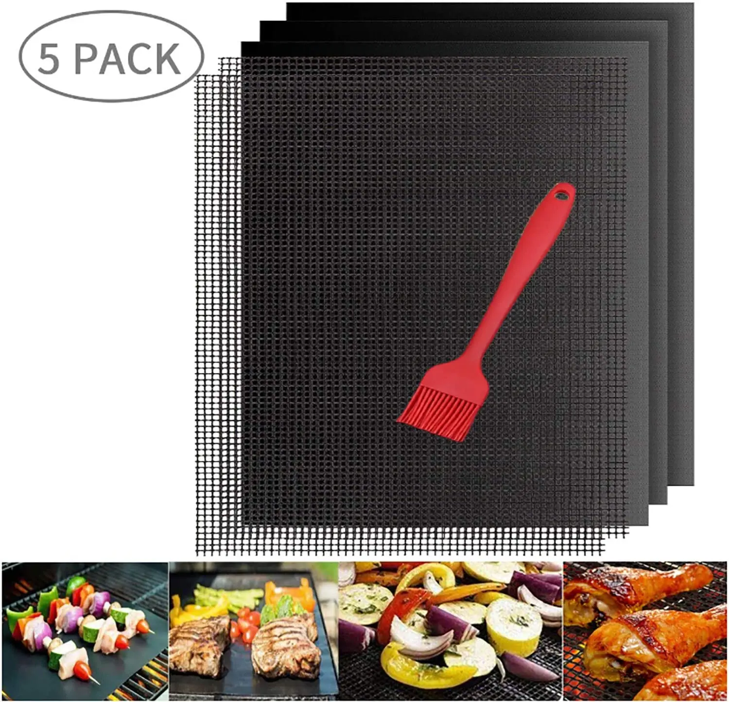 

Heat Resistance BBQ Grill Mat Non Stick Mat Reusable Durable Barbecue Sheets with Brush FDA 536F 280 ℃ For Family Barbecue 5Pack