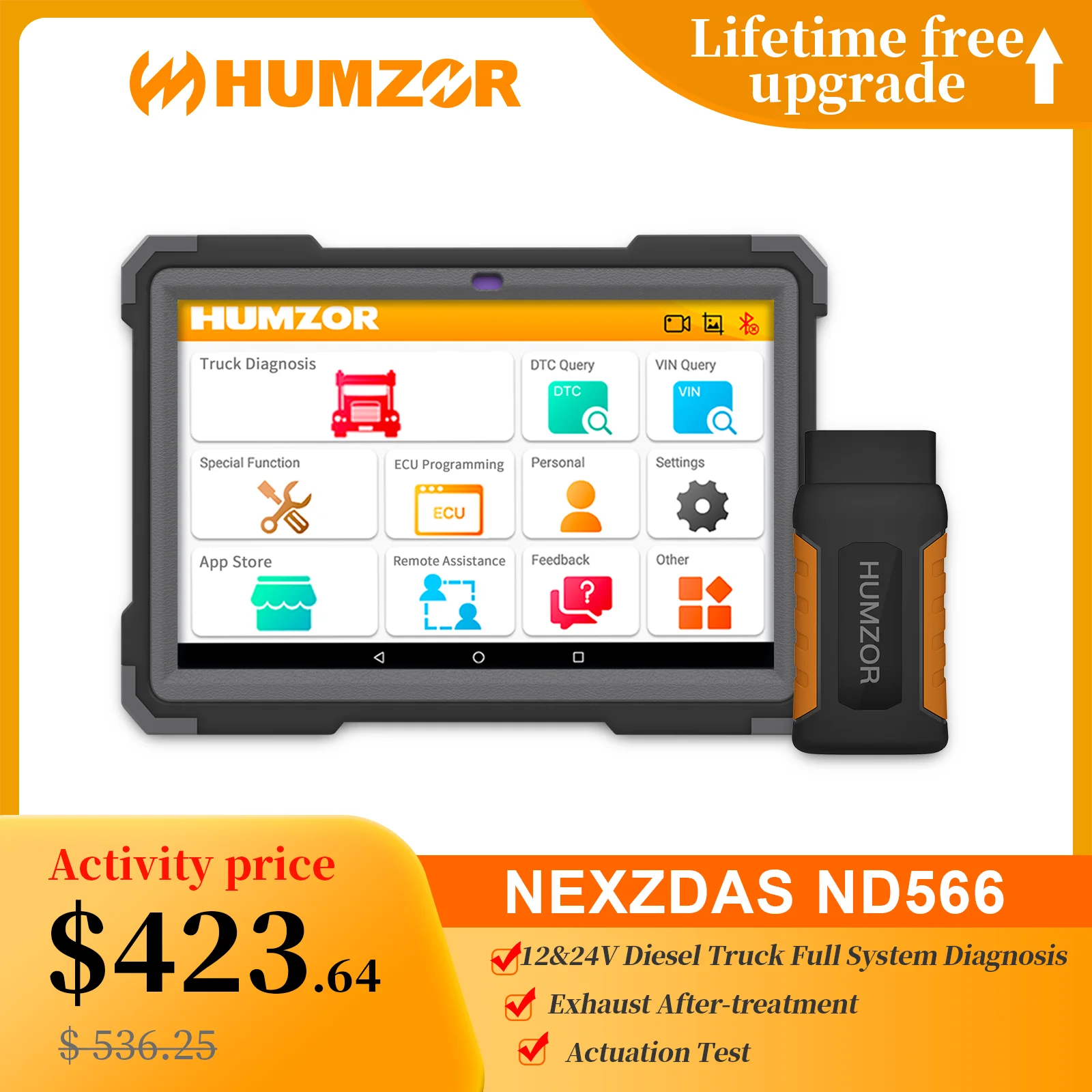 HUMZOR ND566 Heavy Duty Truck Diagnostic Scanner Engine ABS Airbag DPF Odometer Adjustment Full System Diesel OBD Diagnostic