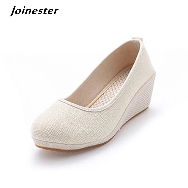 Women\'s Pure Color Vintage Hemp Wedge Pumps Round Toe Casual Lady Mid Heel Walking Shoes Slip-on Closed Toe Espadrilles