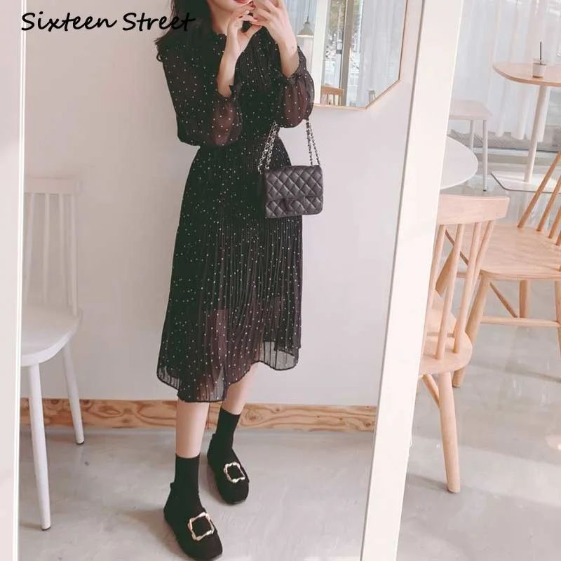 Vestido De Mujer Spring Autumn Retro Polka Simple Style Dress Pleated Chiffon Base Female 2021 Dresses for Women Y2k Aesthetic