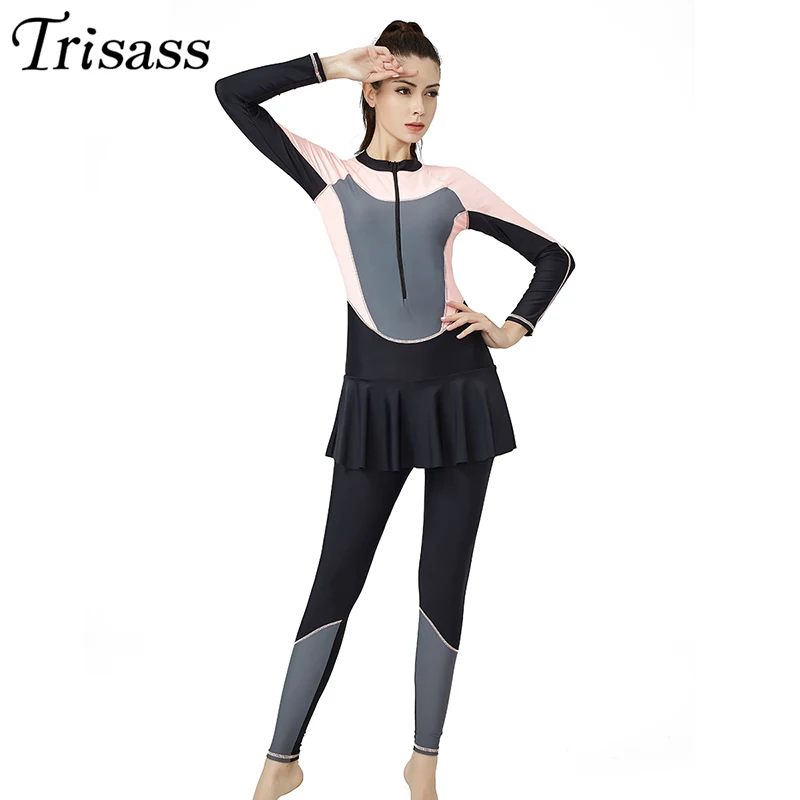 Trisass 2020 New Women One Piece Skirt Swimsuit L-3XL Sport Swimwear Long Sleeve Bodysuit Long Pants Surf suit With Zipper