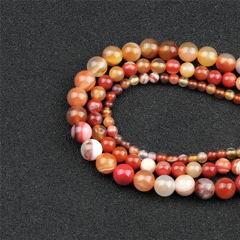 Handmade DIY Bracelet Necklace Carnelian Orange Smooth Natural Stone 8/6/4mm Striped Round Loose Bead Jewelry Making Accessories