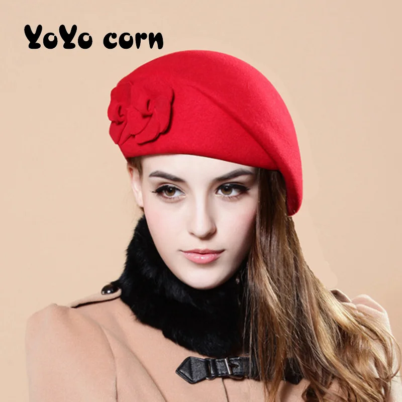 Fashion Women Flowers Cashmere Berets Female Bonnet Caps Winter women\'s hats High quality wool Beret Lady Painter Hats Lady