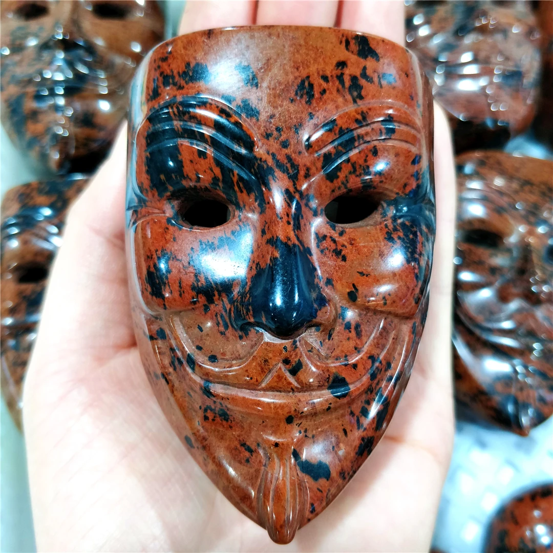 

Natural Red Obsidian Engraving Clown Mask Folk Crafts Modern Wicca Decoration Display Crystal Stones Hand Carving Prank Ornament