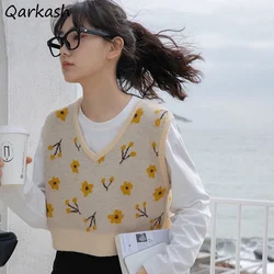 Sweater Vest Women Vintage Sleeveless Knitted Crop Tops Girls Patchwork Flowers Spring Simple Casual V-neck Japanese Style Chic