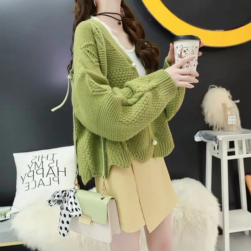 

H9602 Autumn Spring Short Sweater Coat Women Korean Warm Loose Knitted Cardigan Girl Simple Solid Color Long Sleeve Tops Clothes