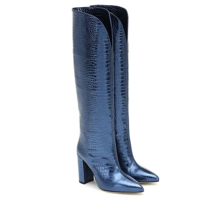 2022 Autumn Crocodile Leather Women Knee High Boots Pointed Toe Botas Women Long Chunky Block High Heel Boots Size 45 46 47