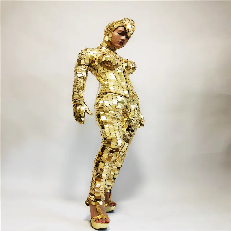 RE71 Female stage pole dance dress gold mirror costumes robot suit model show outfit sequin dress mirrors dj led costume supply