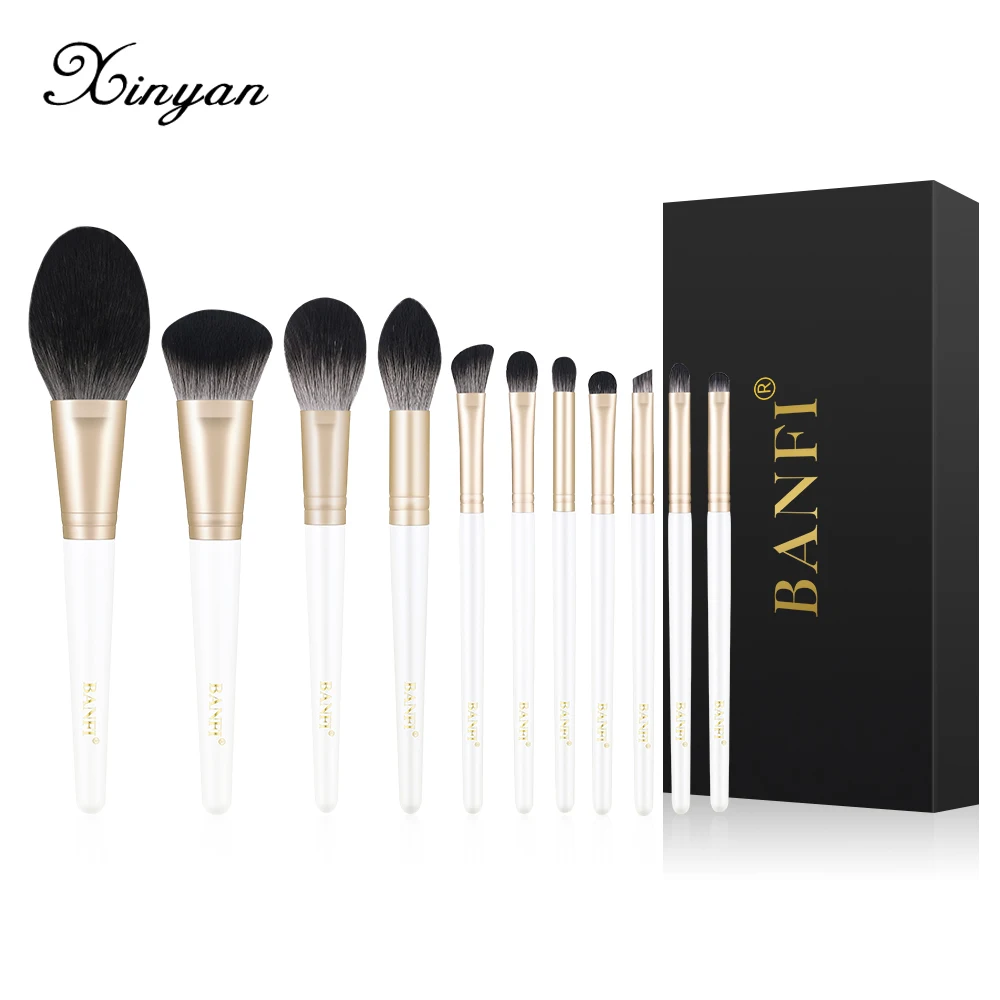 XINYAN 11pcs White Gold Makeup Brushes Set Eyelash Supplies Designer Foundation Powder Cosmetics Makeup Brush Lip Eyeliner Tools