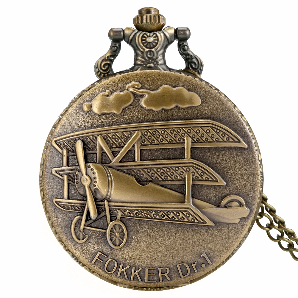 Bronze fokker dr.1 guerra mundial ii aeronaves relógio de bolso de quartzo retro steampunk colar corrente relógio masculino feminino pingente presente antigo