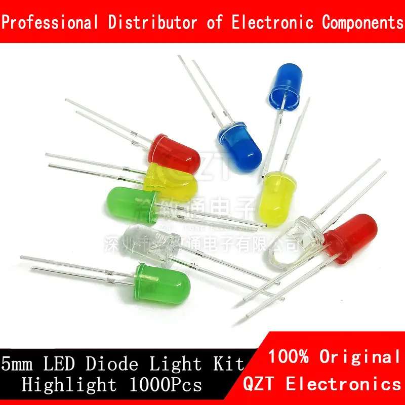 1000PCS 5MM F5 LED Diode 5 mm Light Assorted Kit Green Blue White Yellow Red COMPONENT DIY kit