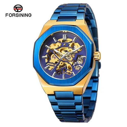 Forsining Men\'s Skeleton Analog Dial Automatic Mechanical Latest Fashion Style Watch with Stainless Steel Bracelet FSG8198M4