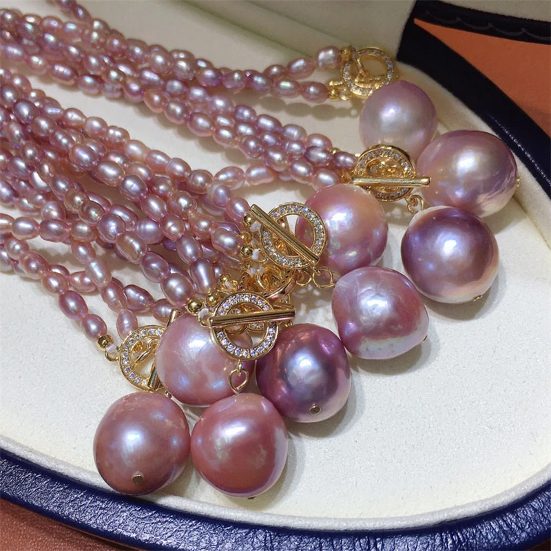 HABITOO Purple 5-6mm Freshwater Rice Pearl 12-13mm Baroque Reborn Keshi Pearl Pendant Necklace Simple Design Jewelry Daily Wear