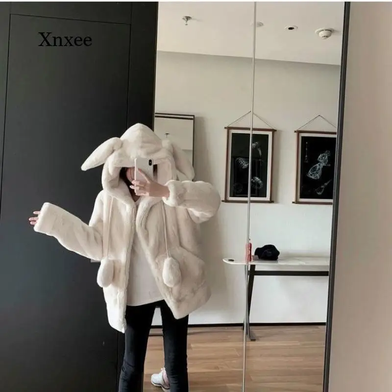 Women\'s Autumn and Winter Jackets Cute Hooded Rabbit Ears Plush Imitation Cashmere Coat Plus Velvet Padded Sweater