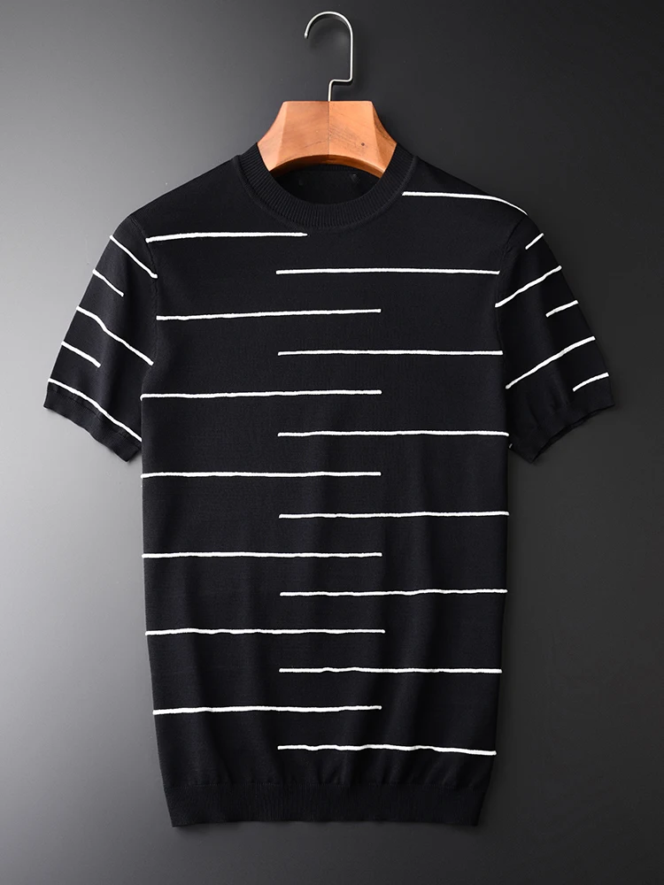 Summer Thin Knitted Short Sleeve Black Striped Round Collar Slim Men's T-shirts M L XL 2XL 3XL 4XL