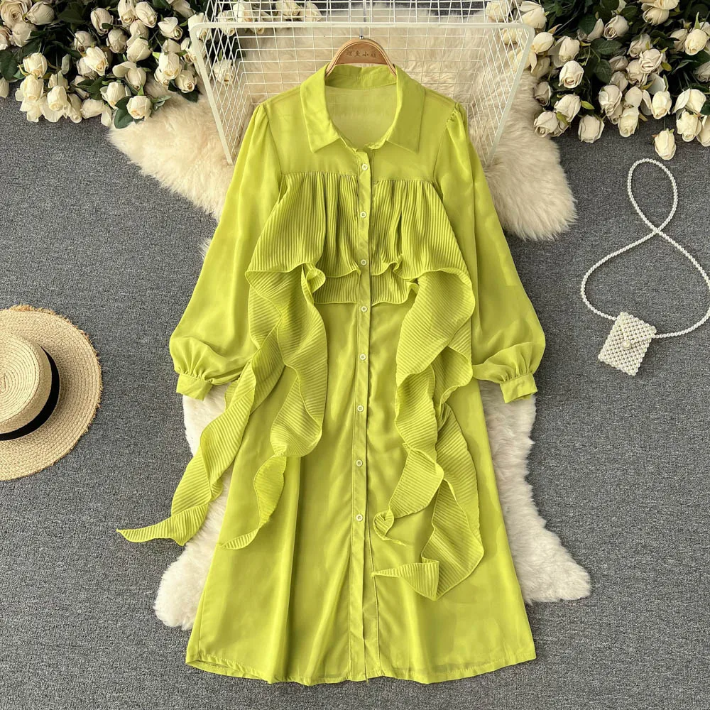 

C842 Women's New Fashion Spring Autumn Single Breasted Chiffon Shirt Ruffle Long Sleeve Solid Color Top Mujer Blouse