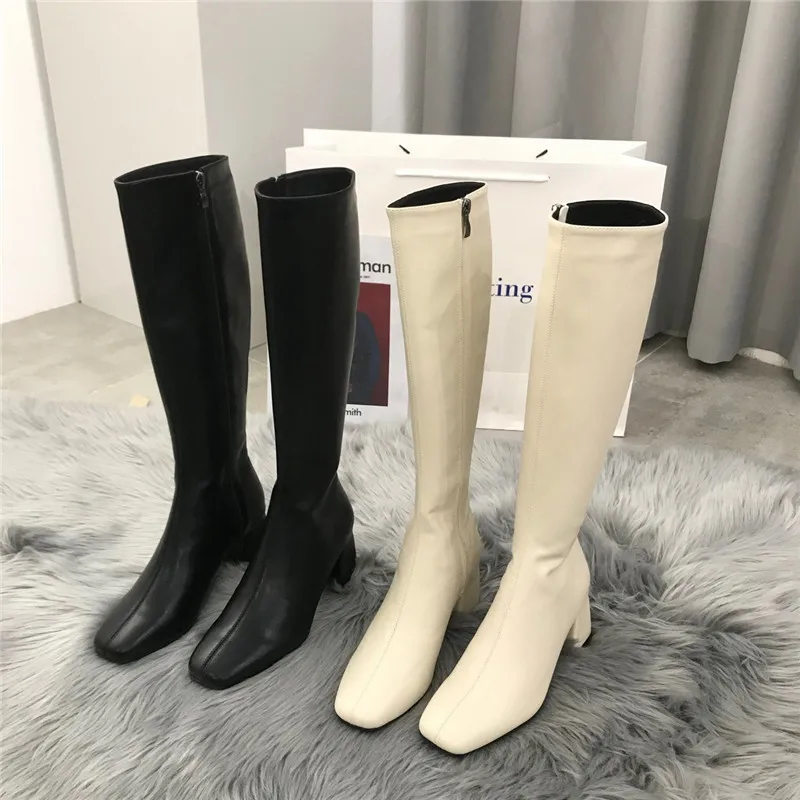 HOT Women Knee High Boots Female Fetish Zipper Knight White Boots Platform Winter Brown Booties Lady Low High Heels Shoes