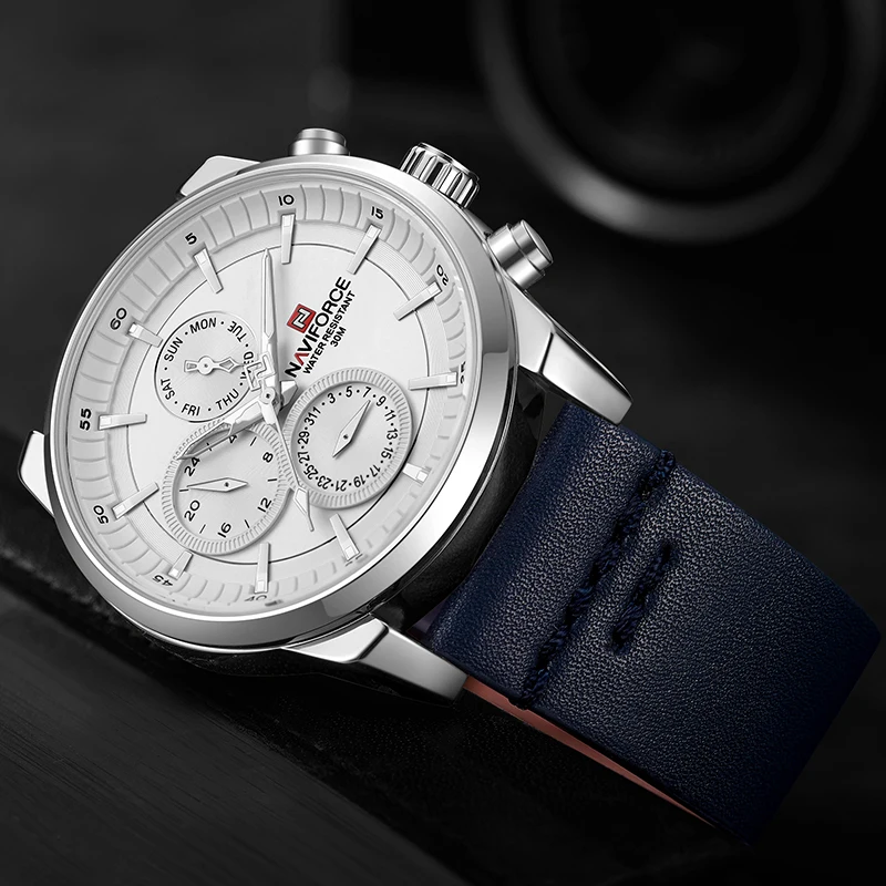 NAVIFORCE-relojes deportivos de lujo para hombre, pulsera de cuarzo informal con correa de cuero, resistente al agua, Masculino