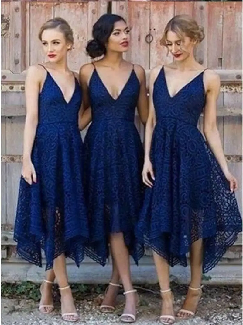 Navy Blue Spaghetti Strap Asymmetrical Wedding Bridesmaid Dresses A Line V Neck Prom Evening Gowns Sexy Backless Cocktail Party