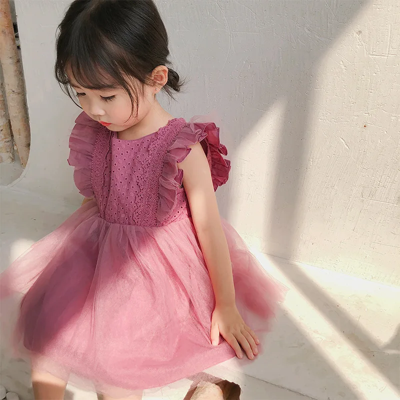 2024 Summer New Arrival Kids Clothing Cotton Solid Color All-match Tops Cute Sweet Party Princess Lace Vest Dress For Baby Girls