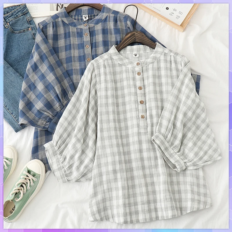 Three-quarter Sleeve Cotton Shirt Retro Plaid Women's Tee Shirt Loose Stand Collar Tshirt Spring And Summer  Woman Clothes