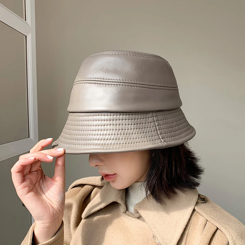 Japanese Bucket Hat Women Big Birm Sun Shade 100% Genuine Leather Fisherman Caps Female Chic Grey Purple Basin Casquette Street