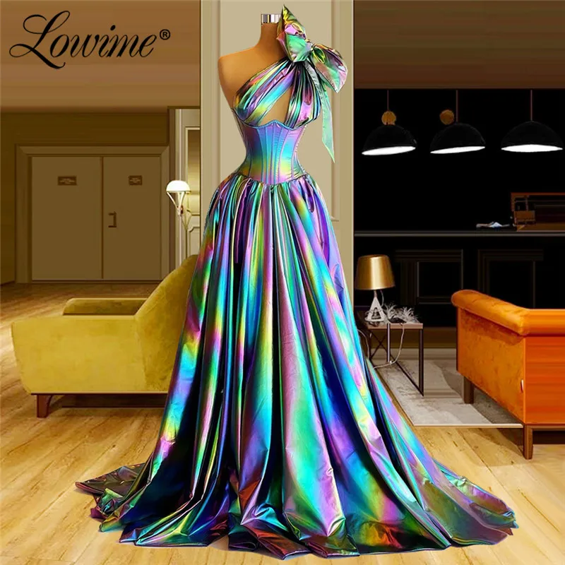 Lowime  One Shoulder Bow Long Prom Dresses 2021 Customized Celebrity Dress A Line Shiny Party Gowns Robe De Soirée De Mariage