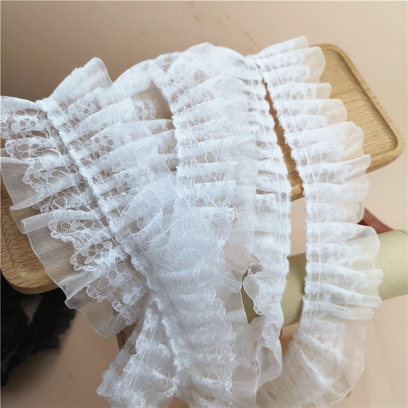 2meter/lot Lace and Ribbons White Cloth Trimming Fabric 2Layer Pleats Lace X1477