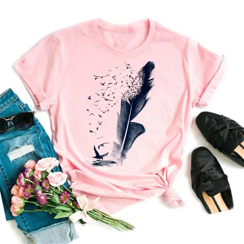 Fashion Women T Shirt Funny Butterfly Feather Print Tshirt T Shirt Summer Short Sleeve Tops Tee Female Feather T-shirts
