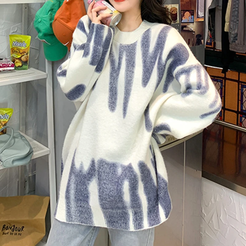 Maglione oversize Pullover verde donna maglione lavorato a maglia top allentati inverno o-collo Harajuku Sueter Mujer pull Tie Dye capispalla