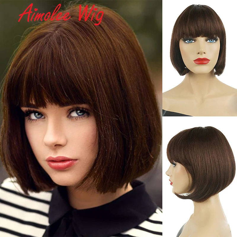 Aimolee Short Straight Bob Wigs with Bangs for Women Human Hair Blend Synthetic Wig Auburn Black Natural Looking