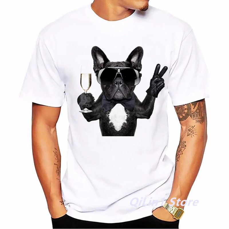 Glass French Bulldog Print Funny T Shirts Men Summer Top Male\'S Cool Hip Hop T Shirt White Short Sleeve Casual Camisetas Hombre