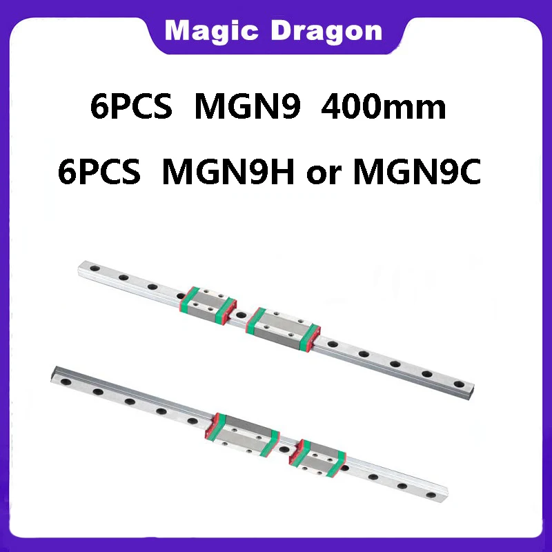 6PCS 9mm Linear Guide MGN9 L= 400mm Linear Rail Way + 6PCS MGN9C or MGN9H Block Long Linear Carriage for 3D Printer Part