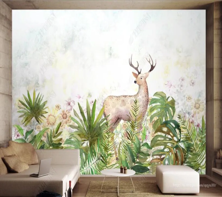 

Custom papel parede Nordic plant green leaf elk hand drawn for living room bedroom sofa background wall decoration wallpaper