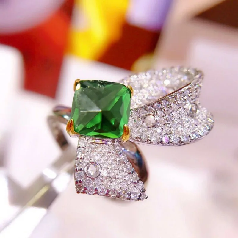 

QTT Exquisite Silver Color Ring Dazzling Jewelry Green AAA CZ Bowknot Shape Design Ring for Women Gifts
