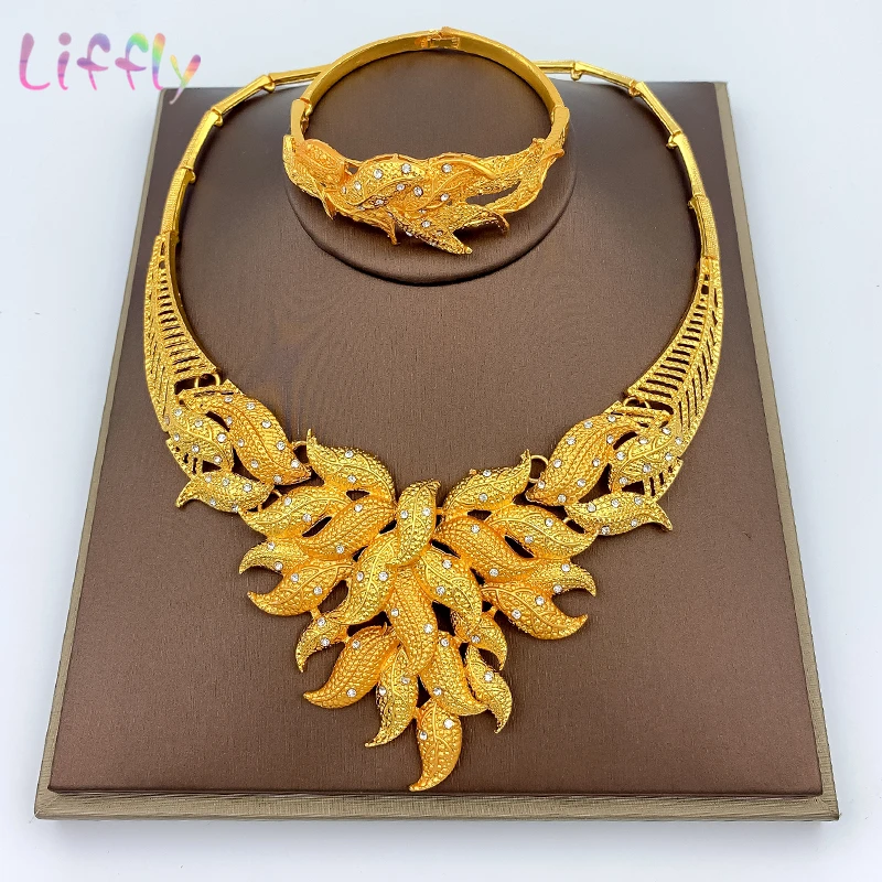 Liffly Nigeria Wedding Jewelry Sets Charm Bridal Necklace Bracelet Earrings Ring Leaf Shape Jewelry Party Fashion Jewelry Set